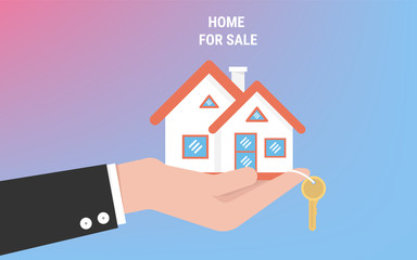 Fototapeta na wymiar Hand agent with home in palm and key on finger. Offer of purchase house
