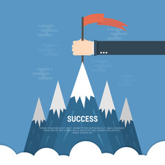 Successfull mission. Standing with red flag on mountain peak. Goal achievement.