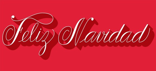 Feliz Navidad, sppanish Merry Christmas calligraphy with long gradient shadow on red background. Vector illustration. Perfect for holidays festive design.