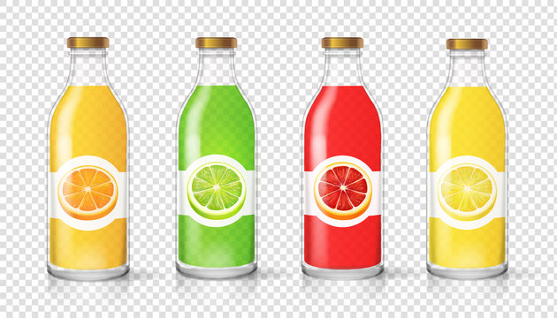Glass juice bottle with citrus label template Packaging set vector
