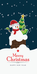 Merry Christmas and Happy New Year with snowman and tree under the snow,