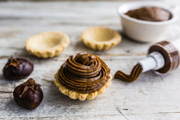 A delicious Mont Blanc dessert made from chestnuts. French food.
