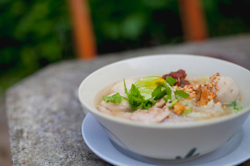 White noodle soup in bowl for healthy food as closeup object