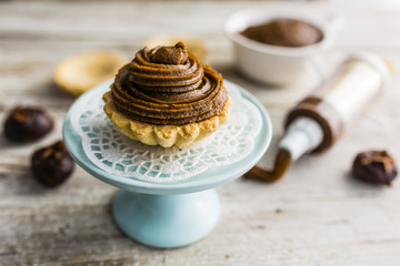A delicious Mont Blanc dessert made from chestnuts. French food.
