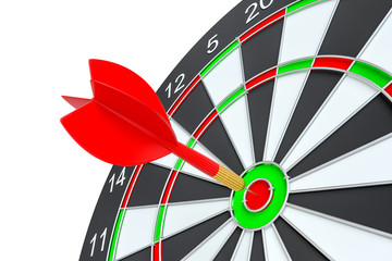 Close up red dart arrow on center of dartboard