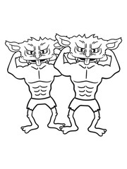 2 freunde team paar stark posen muskeln bodybuilder fitness training trainieren gnom frech klein monster horror halloween böse ork troll comic cartoon clipart
