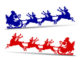 Happy dog in sleigh rushing fast for the new year, harnessed in deer, silhouette on white background,