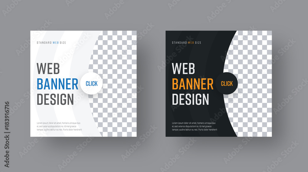 Poster set of square black and white web banners with semi-circular elements and a place for a photo
