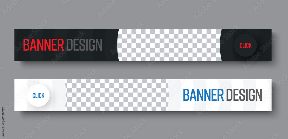 Aufkleber template of horizontal black and white web banners with semi-circular elements and a place for photo