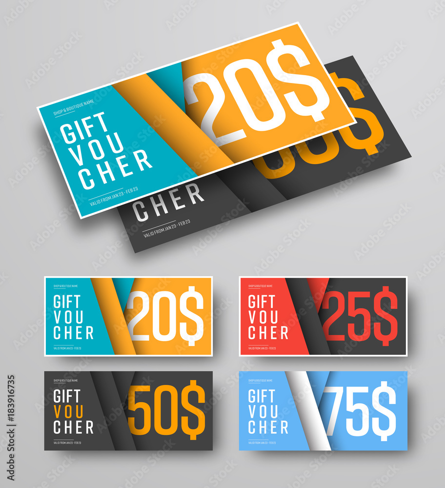 Aufkleber set of vector gift vouchers with floating leaves over the background. A pattern of cards in the style of material design with different colors.