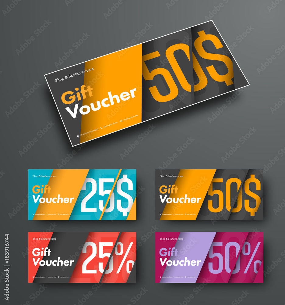 Poster template of vector gift vouchers in the style of material design.