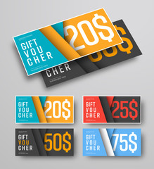 set of vector gift vouchers with floating leaves over the background. A pattern of cards in the style of material design with different colors.