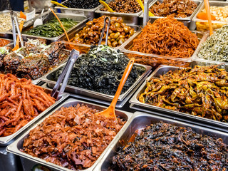 Traditional Korean fermented food at the Gwangjang Market. Seoul, South Korea.