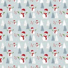 Seamless pattern with santa claus, christmas tree, snowman and tree under the snow