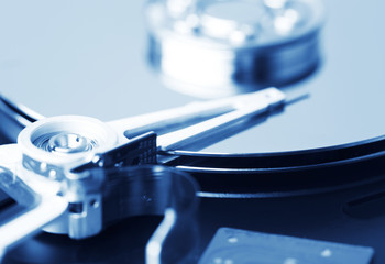 Closeup view of opened hard drive drive
