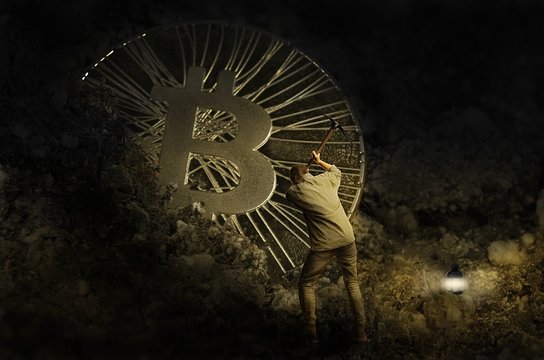 Bitcoin miner worker digging gold coin