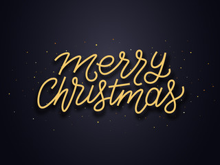 Fototapeta na wymiar Merry Christmas wishes typography text and gold confetti on luxury black background. Premium vector illustration with letteting for winter holidays
