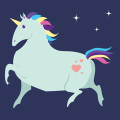 Vector illustration of Funny podgy unicorn. Isolated on a dark-violet background. Character of fairy tales and legends