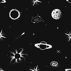 Naklejka premium Vector seamless pattern with space objects. Hand drawn style.Prints design