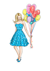 Beautiful young woman with colorful balloons on birthday. Stylish girl blonde in a blue dress. Woman in fashionable clothing. Hand drawn sketch. Vector illustration.