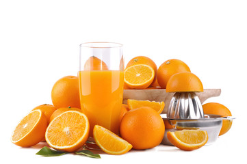 glass of orange juice with fruit and press citrus on white background