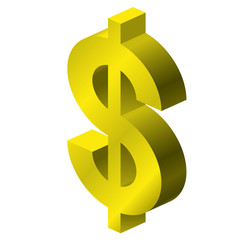 Gold dollar logo in isometric perspective. Modern symbol, cryptocurrency in minimalist gray stylization. Graphic icon of USA currency, internet investing. Three dimensional symbol, buck mark.