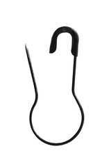 Black safety pin on white background.