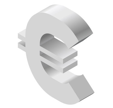 Euro logo in isometric perspective. Modern symbol, cryptocurrency in minimalist gray stylization. Graphic icon of European Union currency, internet investing. Three dimensional symbol, buck mark.