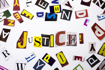 A word writing text showing concept of Justice made of different magazine newspaper letter for Business case on the white background with copy space