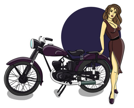 A blonde girl dressed in a brown dress stands next to a purple motorcycle eps 10 illustration
