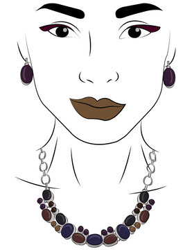 A girl in jewels. Silver necklace and earrings with dark gray, dark blue and brown stones eps 10 illustration