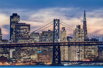 Bay Bridge and Downtown San Francisco Close-up. Middle Harbor Shoreline Park, Oakland, Alameda County, California, USA.