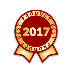 Ribbon award best product of year 2017. Gold ribbon award icon isolated white background. Best product golden label for prize, badge, medal, guarantee quality product Vector illustration