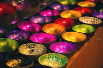 Coconut shell bowls on the wooden shelf