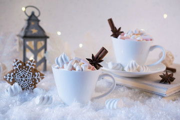 Cup of hot beverage with marshmallow and spices on snow background.