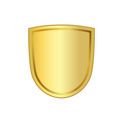 Gold shield shape icon. 3D golden emblem sign isolated on white background. Symbol of security, power, protection. Badge shape shield graphic design Vector illustration