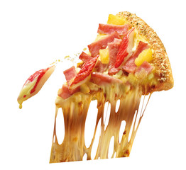 Delicious thin flame grilled ham and pineapple pizza with mozzarella cheese and crack isolated on white