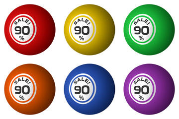 90% discount. Illustration of isolated bingo balls with advertising of sales.