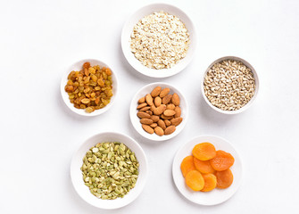 Bowl with ingredients for cooking granola