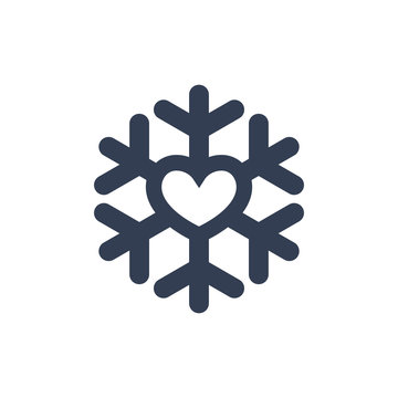 Snowflake with heart icon. Black silhouette snow flake sign, isolated on white background. Flat design. Symbol of winter, Christmas, New Year holiday, Valentines day. Vector illustration