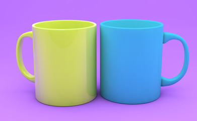 colored cups on a colored background 3d render