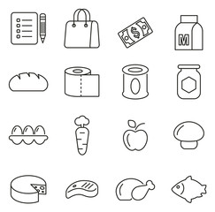 Grocery List or Food Shopping Icons Thin Line Vector Illustration Set