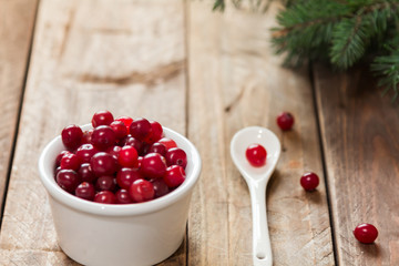 A small bowl of cranberries on a wooden table with  a white spoon © ozhukovaphoto
