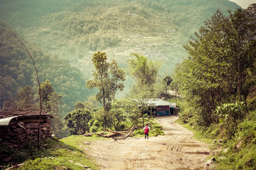 children go to the school in the mountains of himalaya village rural. nepal