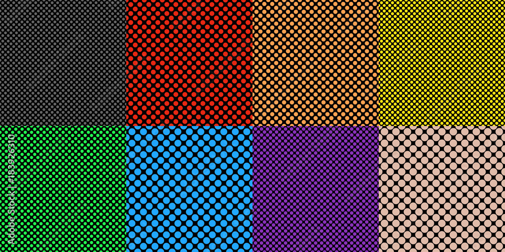 Poster simple seamless dot pattern background template set - vector graphics from colored circles on black 