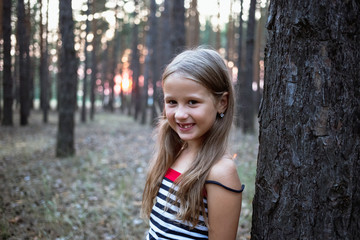 Beautiful little girl in the pine forest in summer.