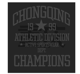 Chongqing sport t-shirt design, college sport team style typography for poster, t-shirt or print. Chongqing written in chinese language in the background.