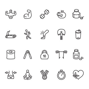 Fitness and bodybuilding thin line icon set. Vector.