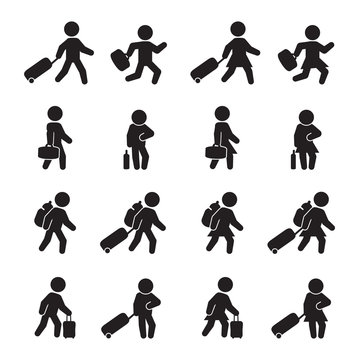 People traveling with bags and luggage. Male and female variations. Vector icon set. Editable. 