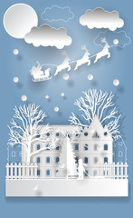 Merry Christmas and Happy New Year 2021. Illustration  on the sky coming to City. Paper art and craft style